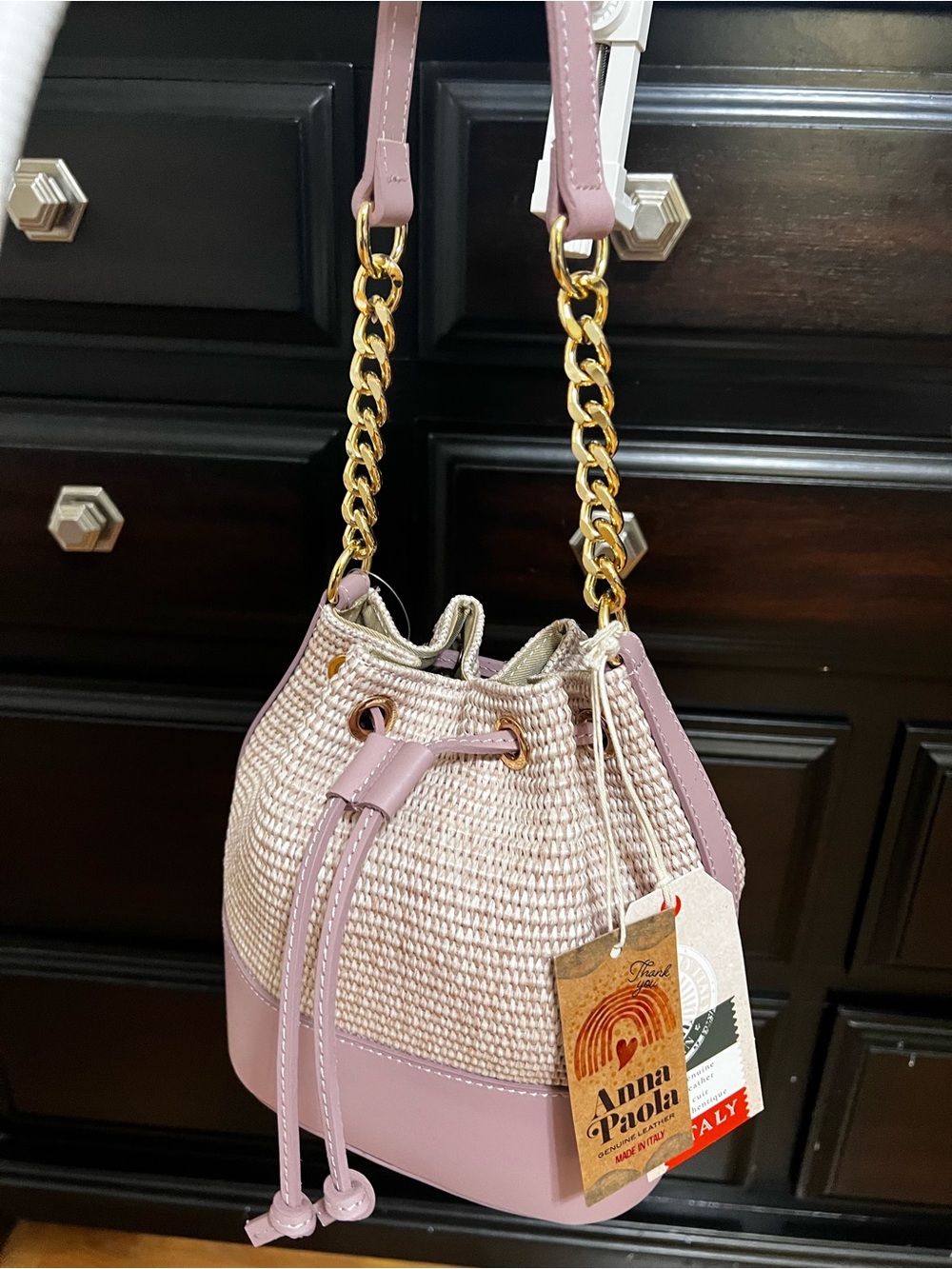 Anna Paola Pink Woven Drawstring Bucket Crossbody